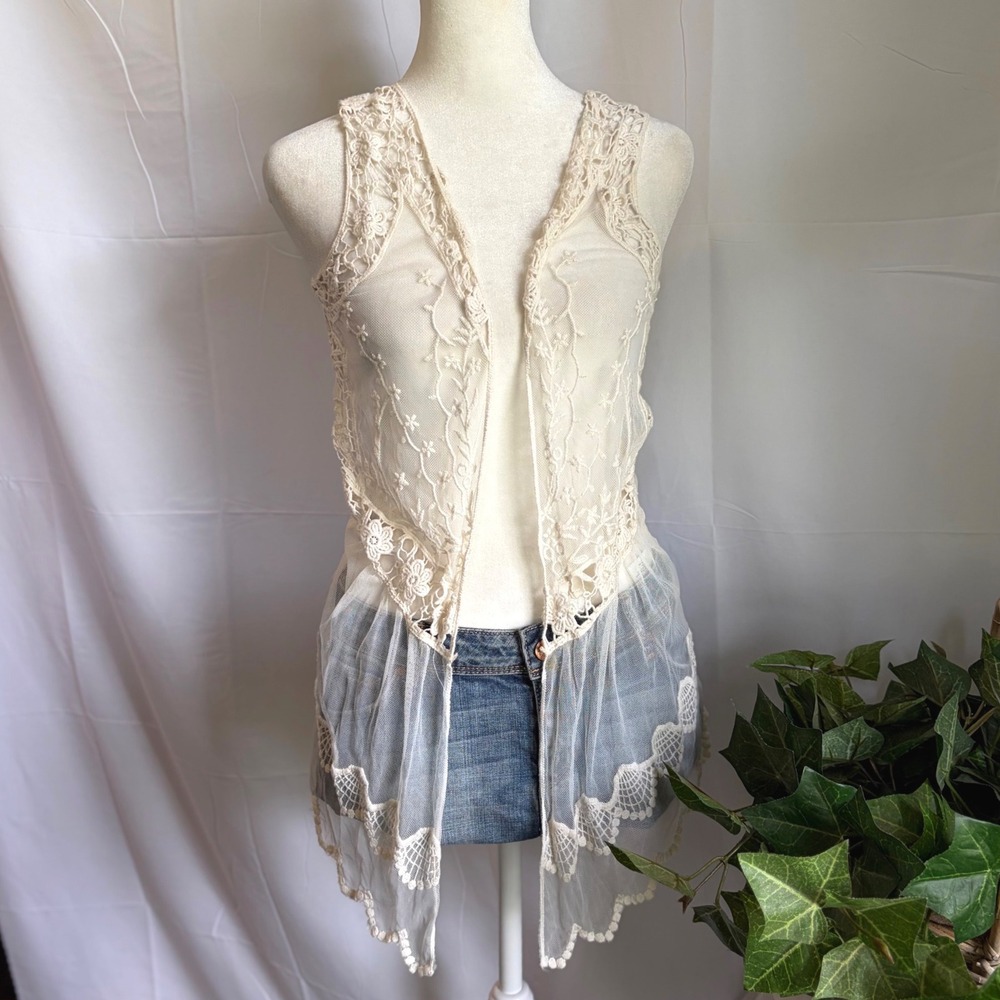 Knit Works Cream Ivory Sheer Mesh‎ Lace Floral Embroidered Long Vest Xs